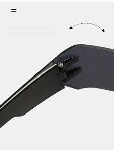 Close-up of durable metal hinges and sleek smoke grey lenses on rimless sunglasses
