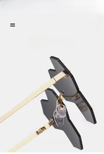 Macro detail of rimless geometric sunglasses with gold metal hinges and dark tinted lenses