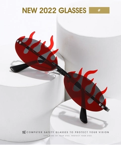 Macro detail of red flame sunglasses with decorative rivets and sleek black frames