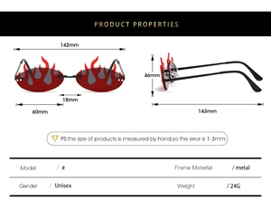 Detailed dimensions of flame-shaped hip hop sunglasses with red lenses and metal frame