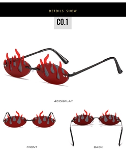Detailed views of flame-shaped hip hop sunglasses with red acrylic trim and metal frame