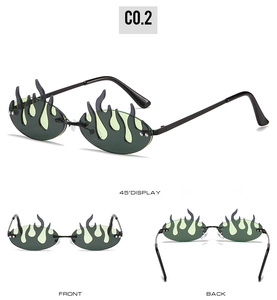 Multiple views of green flame-shaped sunglasses featuring black frames and double lenses