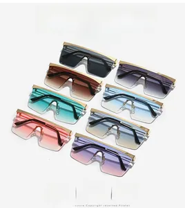 Detailed display of oversized square sunglasses with colorful gradient lenses in seven styles