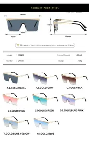 Detailed size chart for oversized unisex metal sunglasses with lens dimensions