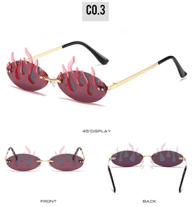 Three perspectives of flame-shaped rimless sunglasses with red-black gradient lenses