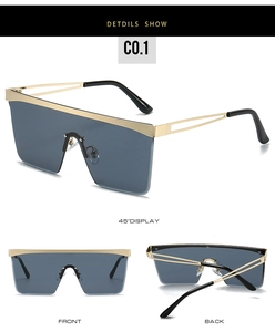 Detailed view of square flat top sunglasses with blue lens and gold metal temples