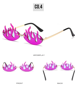 Three-angle view of pink flame shaped sunglasses with gold metal temples and black tips