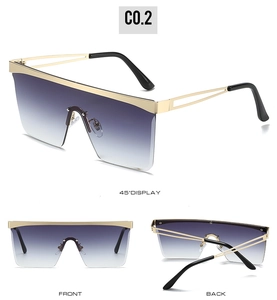 Flat top square sunglasses with purple-grey gradient lenses and hollow metal temples