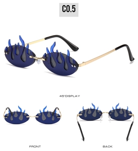 Multi-angle view of flame-shaped sunglasses with blue lenses and gold metal frame
