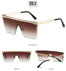 Three views of oversized sunglasses with brown gradient lenses and gold metal temples
