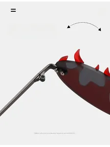 Detail view of durable metal hinges on red flame-shaped sunglasses with black temples