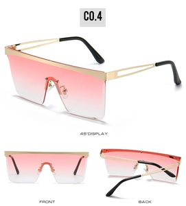 Three views of pink gradient oversized square sunglasses with gold metal frames