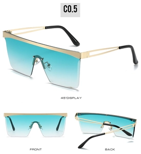Three-angle views of oversized square sunglasses with blue gradient lenses and gold frames