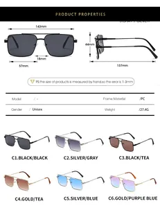 Detailed size specifications for unisex square double-bridge vintage sunglasses