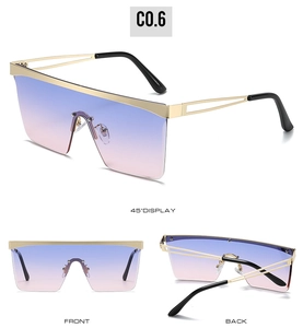 Detailed views of rimless square sunglasses with blue-pink gradient lenses and gold frame