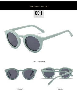 Three perspectives of mint green retro round frame sunglasses with UV protection lenses