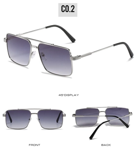 Detail view of silver square pilot sunglasses with purple gradient lenses from three angles