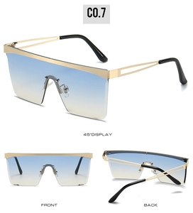 Detailed views of gold metal frame sunglasses with blue-yellow gradient lenses