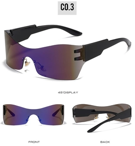 Trois vues de lunettes de soleil sans monture enveloppantes à verres dégradés violets