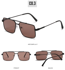 Three views of square metal sunglasses with thin black frames and brown lenses