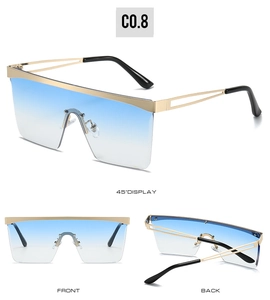 Detail view of oversized shield sunglasses with gradient lenses and gold metal top bar