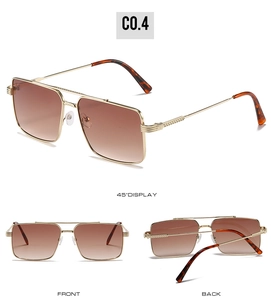 Detailed multi-angle views of gold square metal sunglasses with dark brown gradient lenses