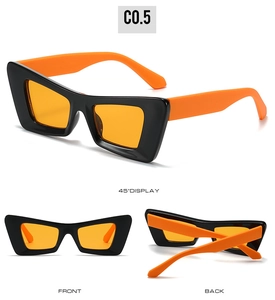 Vues détaillées de lunettes de soleil œil-de-chat vintage avec monture noire et verres orange