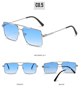 Detailed views of silver square metal sunglasses with blue gradient lenses and textured arms