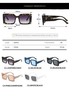 Detailed size specifications and color options for large square retro PC sunglasses