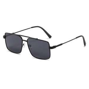 Classic double-bridge rectangular sunglasses with matte black metal frame and grey lenses