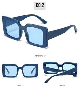 Three-view display of navy square sunglasses with light blue lenses showing all angles