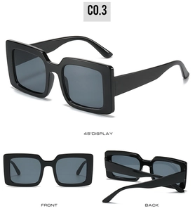 Three-way view of square black sunglasses showing front, back, and 45-degree angle