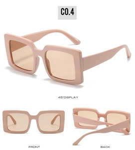 Detailed views of light pink oversized square sunglasses from front, back and side angles