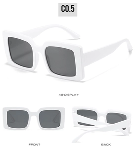 Three-angle display of white oversized square sunglasses with dark lenses