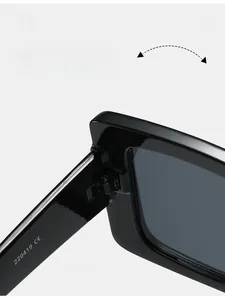 Close-up of durable metal hinge on black square frame sunglasses with model text