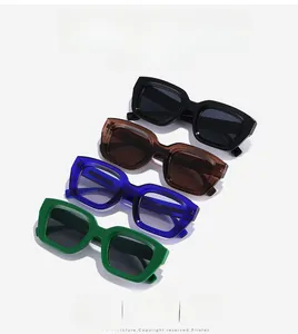 Detailed display of chunky rectangle sunglasses in black, tea, blue, and green finishes