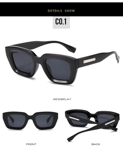 Detailed views of black square sunglasses with dark grey lenses and silver metal temple trim