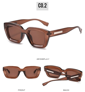 Detailed views of chunky square sunglasses in translucent brown acetate frames