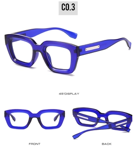 Multi-angle views of blue translucent square sunglasses with metal temple accents