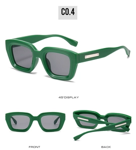 Three-way view of green square frame sunglasses with silver temple details and dark grey lenses