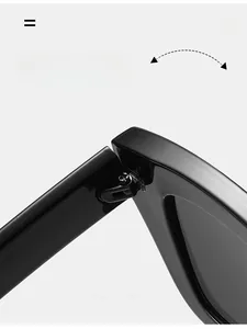 Macro shot of durable metal hinges on glossy black square frames for sunglasses