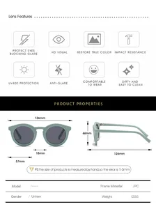 Detailed size chart and technical specifications for kids retro round sunglasses