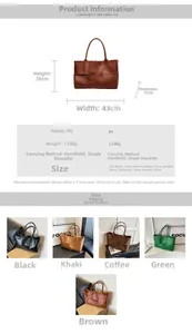 Detailed size chart for woven tote bag including dimensions and available color options