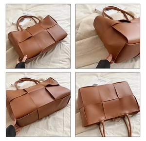 Macro view of brown leather wide-weave tote bag showing detailed craftsmanship and structure