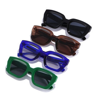 Retro wide frame square sunglasses in black, amber, blue, and green with UV lenses