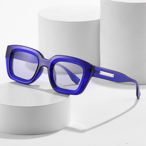 Chic translucent blue square sunglasses with silver metal temples and light purple lenses