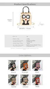 Tableau des tailles et options de couleurs pour le sac boîte en cuir PU style pop art