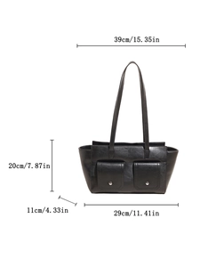 Detailed size chart for black PU leather crossbody bag with front pockets and dimensions