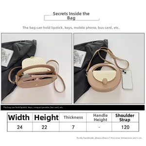 Brown leather and woven crossbody bag with size chart detailing 24x22x7 cm dimensions