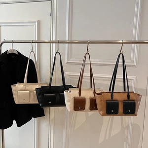 Women PU Leather Tote Bag Fashion Contrast Color Shoulder Crossbody Bag With Front Pockets Retro Korean Style